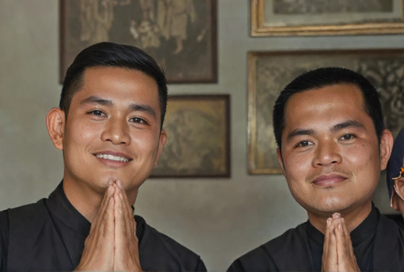 two men age 20 years old in black shirts are standing next to each other, barong family, barong family member, blessing hands, wearing black robes, identical picture, monks, pablo carpio and jordan grimmer, avatar image, very symmetrical, thawan duchanee, photo portrait, awarding winning, handsome symmetrical faces