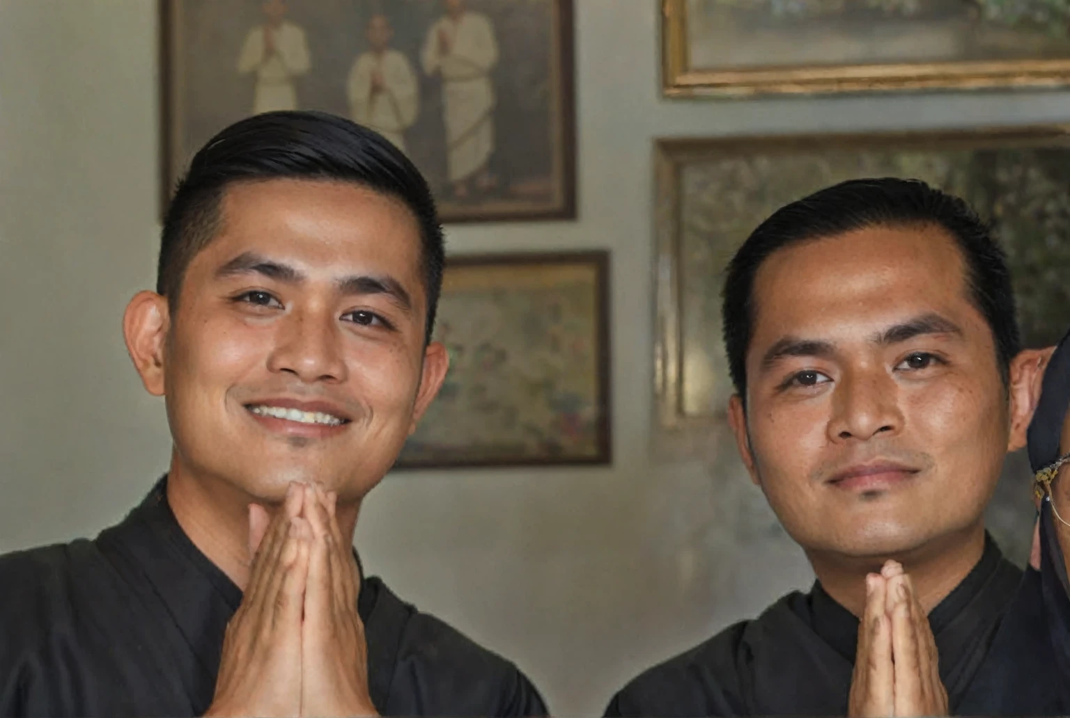 two men age 20 years old in black shirts are standing next to each other, barong family, barong family member, blessing hands, wearing black robes, identical picture, monks, pablo carpio and jordan grimmer, avatar image, very symmetrical, thawan duchanee, photo portrait, awarding winning, handsome symmetrical faces