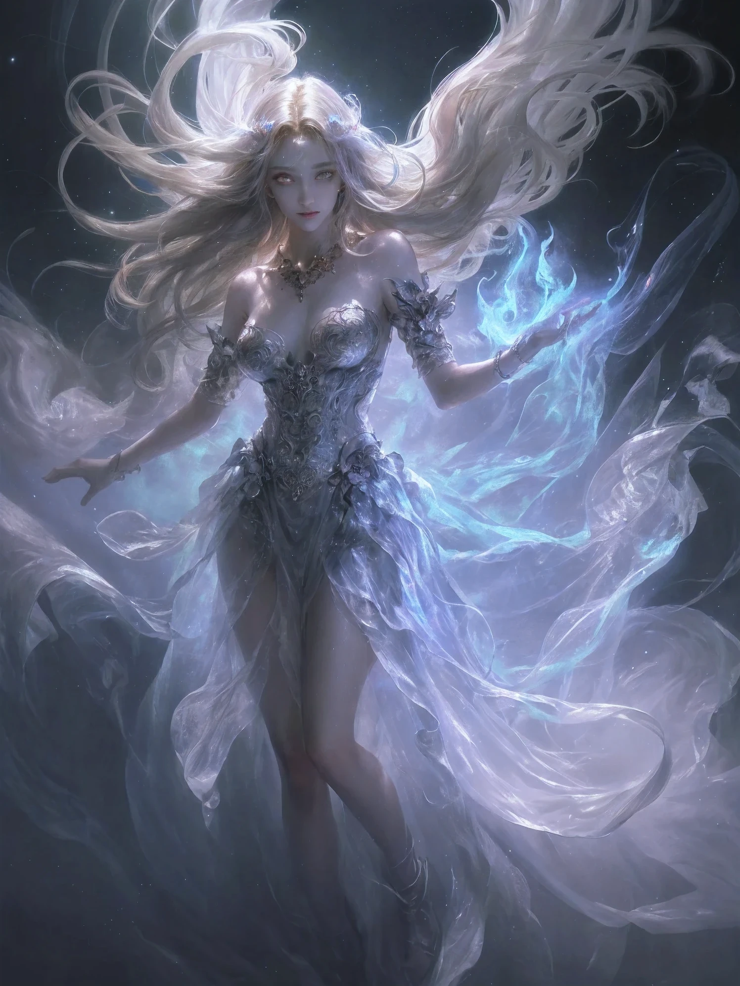 (best quality, high resolution, Super detailed, actual, photo-actual), digital painting, bright colors, mysterious atmosphere, dark background, glowing eyes, charming expression, flowing hair, ethereal beauty, floating ghostly figure, intricate jewelry, charming aura, dynamic poses,Fire magic,