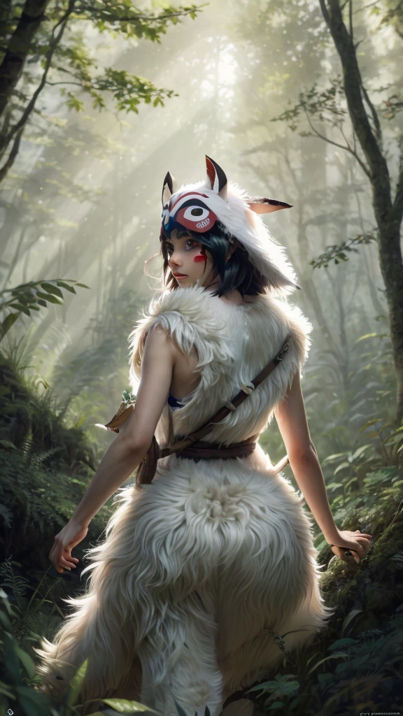 The dog is looking back,Only people are seen from behind,Precision,detailed,dynamic,official art, unity 8k wallpaper, Super detailed, beautiful, beautiful, masterpiece, highest quality, Painting of a woman riding a white wolf in the forest, studio ghibly style mononoke, riding a giant silver wolf, artwork in the style of Gweiz, princess mononoke inspired, Gweiz, Gweiz on artstation pixiv, Gweiz on pixiv artstation, mononoke, furry fantasy art