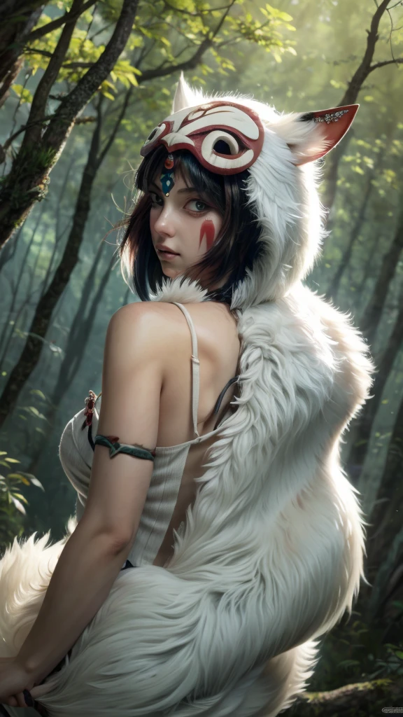 The dog is looking back,Only people are seen from behind,Precision,detailed,dynamic,official art, unity 8k wallpaper, Super detailed, beautiful, beautiful, masterpiece, highest quality, Painting of a woman riding a white wolf in the forest, studio ghibly style mononoke, riding a giant silver wolf, artwork in the style of Gweiz, princess mononoke inspired, Gweiz, Gweiz on artstation pixiv, Gweiz on pixiv artstation, mononoke, furry fantasy art