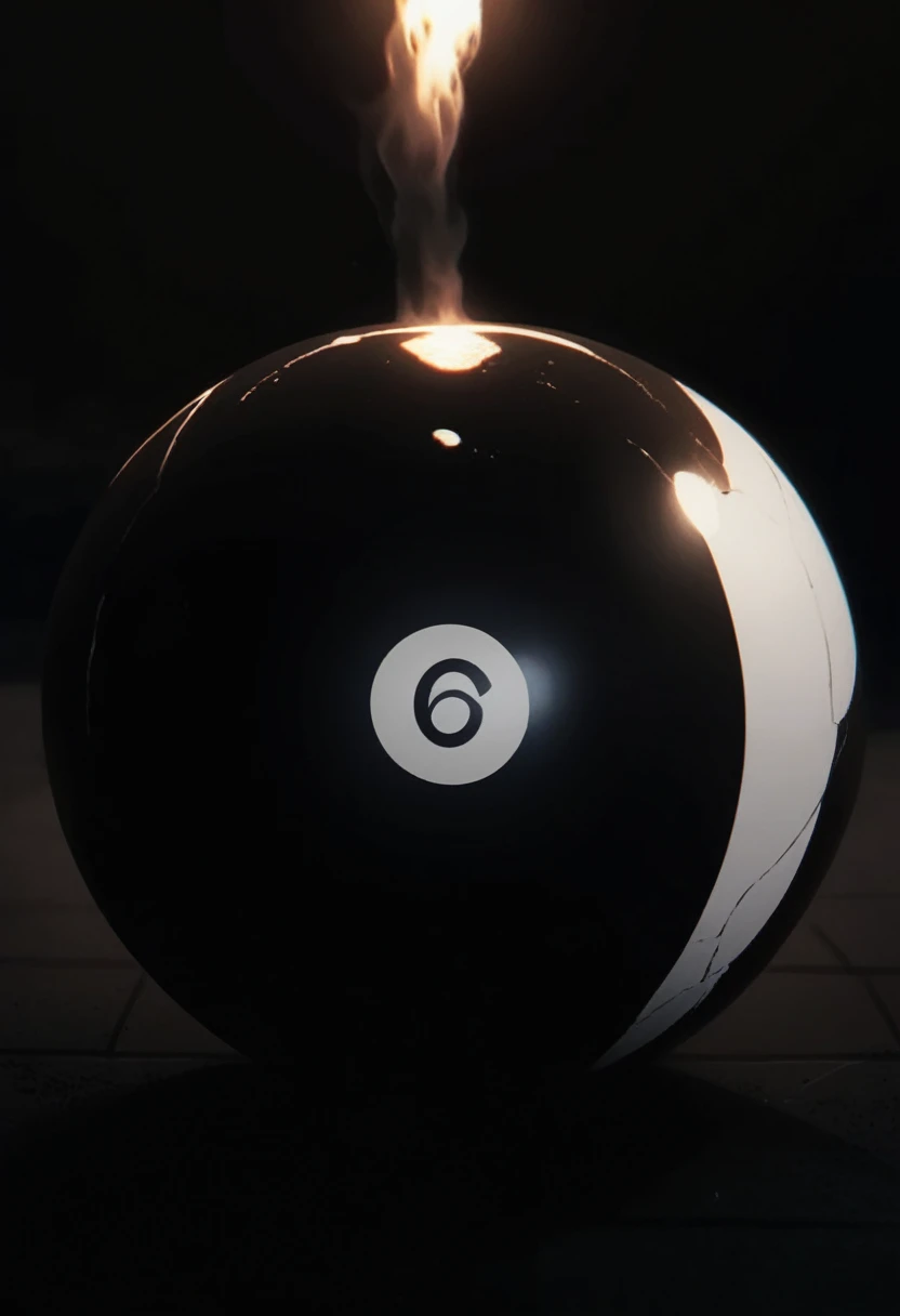 a close up of a black and white ball with a light on it, 4 0 9 6, 0, smoke :6, 666, 6 6 6, black orb of fire, launching a straight ball, video still, youtube video screenshot, pool caustics, black main color, cinematic shot ar 9:16 -n 6 -g