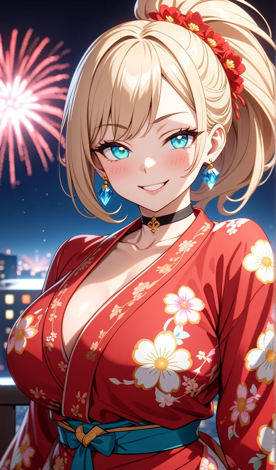 ((One personの女性)), Beautiful Face, ((smirk)),((Wink:2.1)), head tilt, Laugh with your mouth wide open,((Bright red cheeks:1.4)),Shiny red lips,night,rooftop,You can see the ocean, firework,Laughing with your mouth open,Glossy pink lips,Facial lighting,((Anime style background)),masterpiece, Highest quality, so beautiful,up to date, Complex details, (Pink long nails),(ring),(bracelet),(choker),AI-generated, Complex,High resolution, Highest quality, super high quality,3D Images、3D Images,One person,Long blonde hair,High Ponytail,(turquoise blue eyes),Anime woman posing for a photo, ((Fine grain、Colorful eyes、Shining Eyes:1.3)),(Squint your eyes:1.1),a hyperRealistic , hyperRealistic , Realistic,Anime woman with long white hair, Smooth anime CG art, A woman in a colorful kimono with gold embroidery, (Pink long sleeve kimono),Red floral pattern,Long flower hair ornament,Earrings, Body,(Big BrTall,Abdominal muscles,Tight waist,(Zoom up to face:1.5),