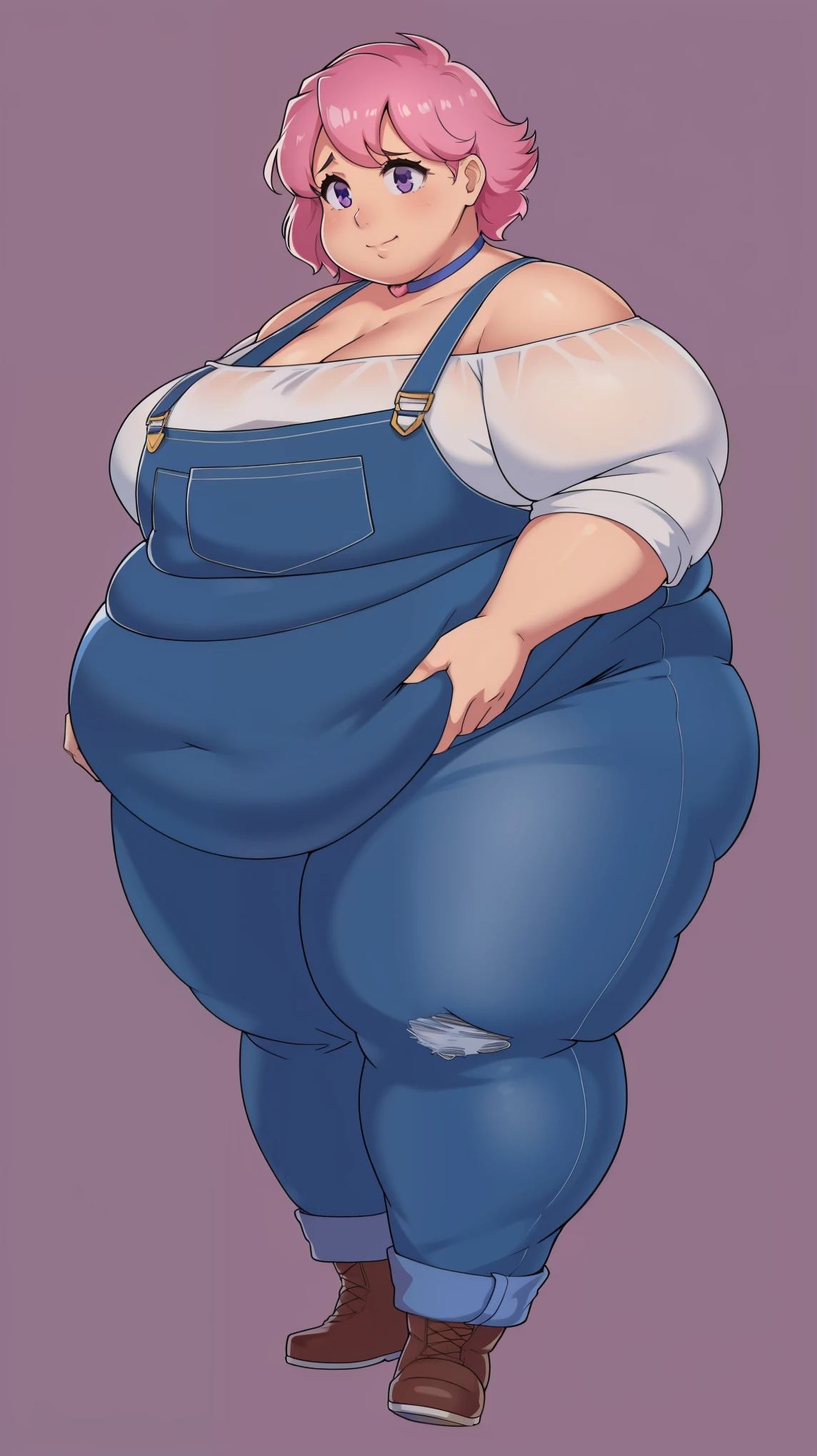 (Morbidly obese body:1.2)(Fat neck and chin:1.3)(Obese:1.1),fat, Slightly chubby, sad, farm backround, Full body, looking at viewer, 1girl, solo, short pink hair, (dark blue choker), (dark blue denim overalls), (purple eyes), (pink boots), (white shoulder lantern sleeve blouse, tucked in pants