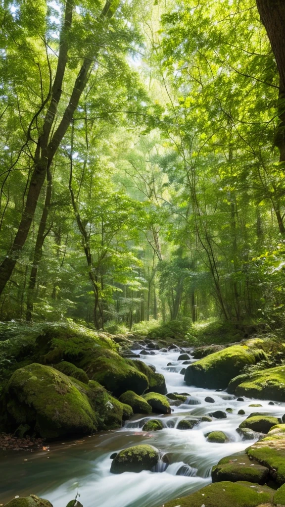 A tranquil forest scene during a sunny day, with tall, lush trees casting dappled shadows on the ground. A clear, gently flowing river winds through the forest, its surface sparkling in the sunlight. The riverbanks are adorned with vibrant wildflowers and soft, mossy stones. Birds are perched on branches, and a gentle breeze rustles the leaves. The atmosphere is peaceful and calming, evoking a sense of natural beauty and serenity.