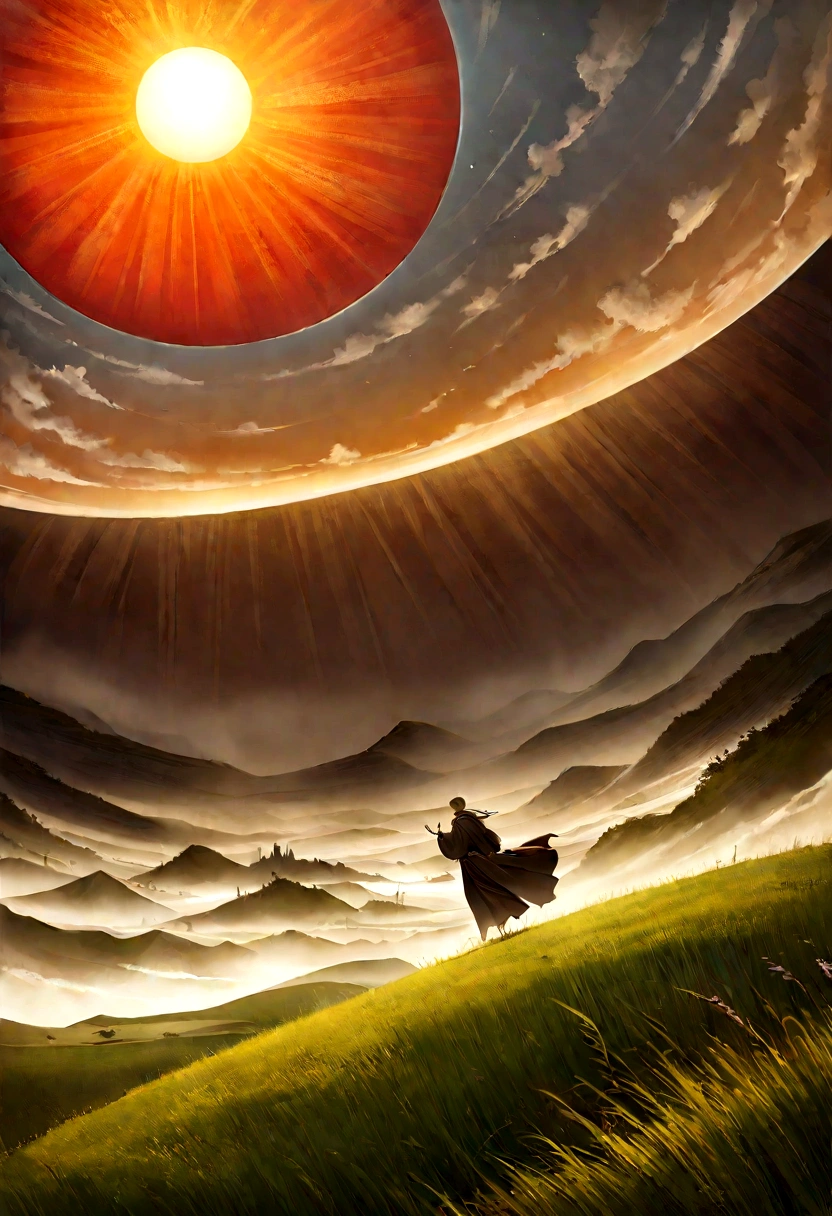 a white road in the middle of a multicolored field, ((((giant sun)))),Wavy green grass, ((Tai Chi)),,An ultra-fine and detailed painting by Daren Bader, shutter contest winner, neo-romanticism, Soft fog, Made of fog, Deviantart,Fujifilm XT3,por Steve McCurry, by alessio albi, por lee jeffries, por Herb Ritts, by Jeremy Man,long shot, Clean, wide view, commercial photography