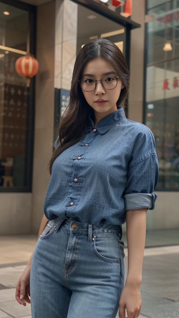 a cute tan Chinese girl wearing glasses, jeans, beautiful detailed eyes, beautiful detailed lips, extremely detailed face, long eyelashes, photorealistic, 8k, ultra-detailed, physically-based rendering, vivid colors, professional photography