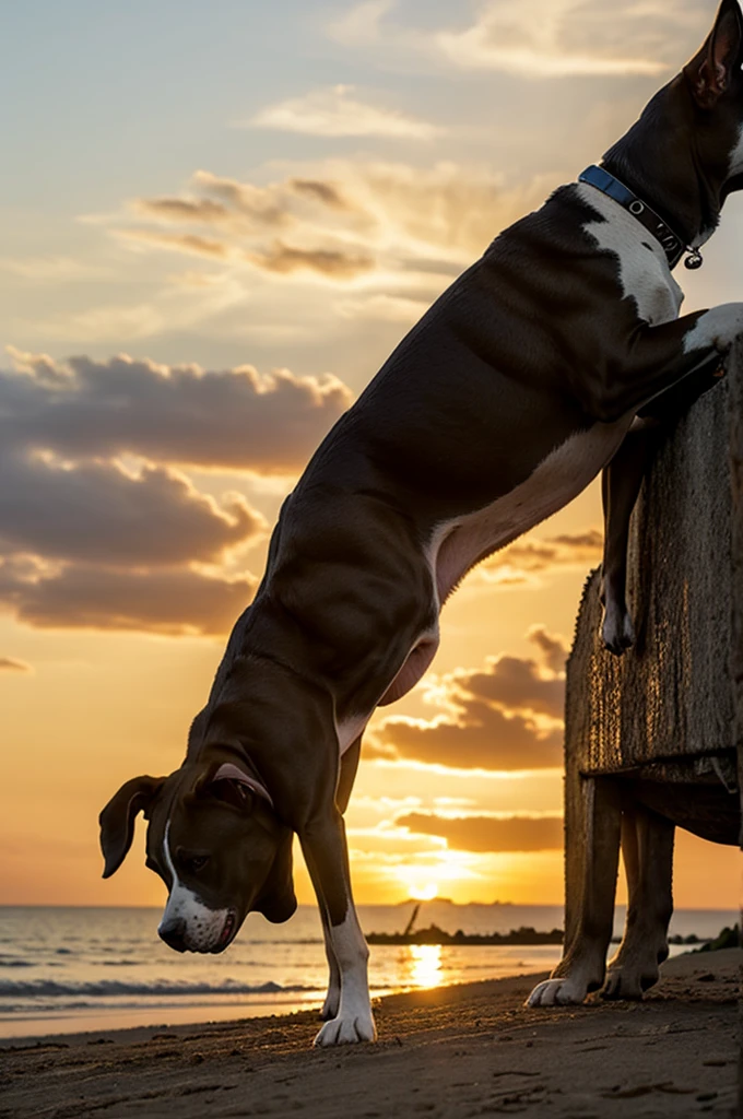 Pitbull dog on her back looking at the sunset ears not so long on her back