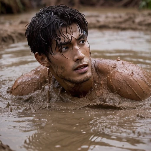 handsome, shirtless muscular man drowns in a mud pit after struggling to escape
