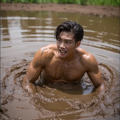 handsome, shirtless muscular man drowns in a mud pit after struggling to escape
