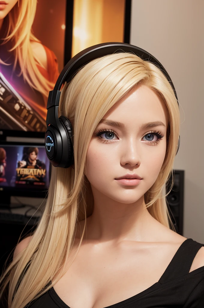 beautiful blonde woman, 24 years old, playing videogames like a streamer, wearing headphones, gamer girl room in background, 1girl, extremely detailed face and eyes, beautiful detailed lips, longeyelashes, video game setup, gaming chair, RGB lighting, posters, gaming peripherals, photorealistic, 8k, (best quality:1.2), ultra-detailed, (realistic:1.37), vivid colors, natural lighting, warm color palette