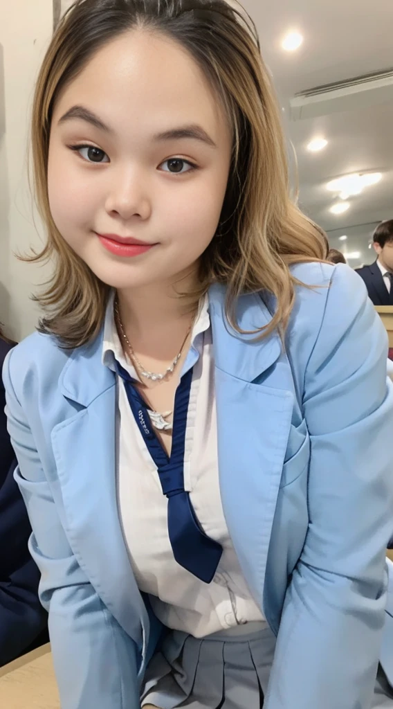 8K, highest quality, real image, intricate details, super detailed, Super high resolution, depth field,(realistic,realistic:1.2),table top , Frontal shot , From the middle , 1 girl, very beautiful 17 year old girl, highly detailed eyes:1.2)、wavy hair、curly hair、bangs、, perfect skin, Fair skin, small breasts, tight waist, light blush, alone, looking at the viewer, light smile, ((School_uniform),(dark blue blazer), (white shirt、Wearing a tie), (gray pleated skirt)