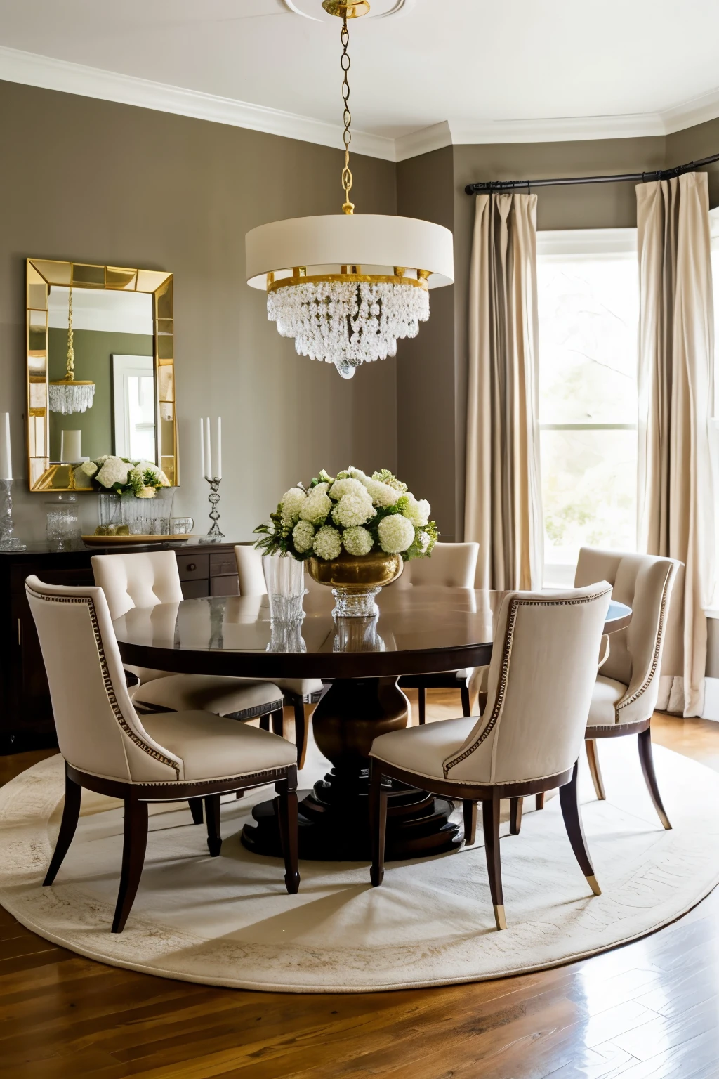 elegant dining room with brown, gold and white colors
