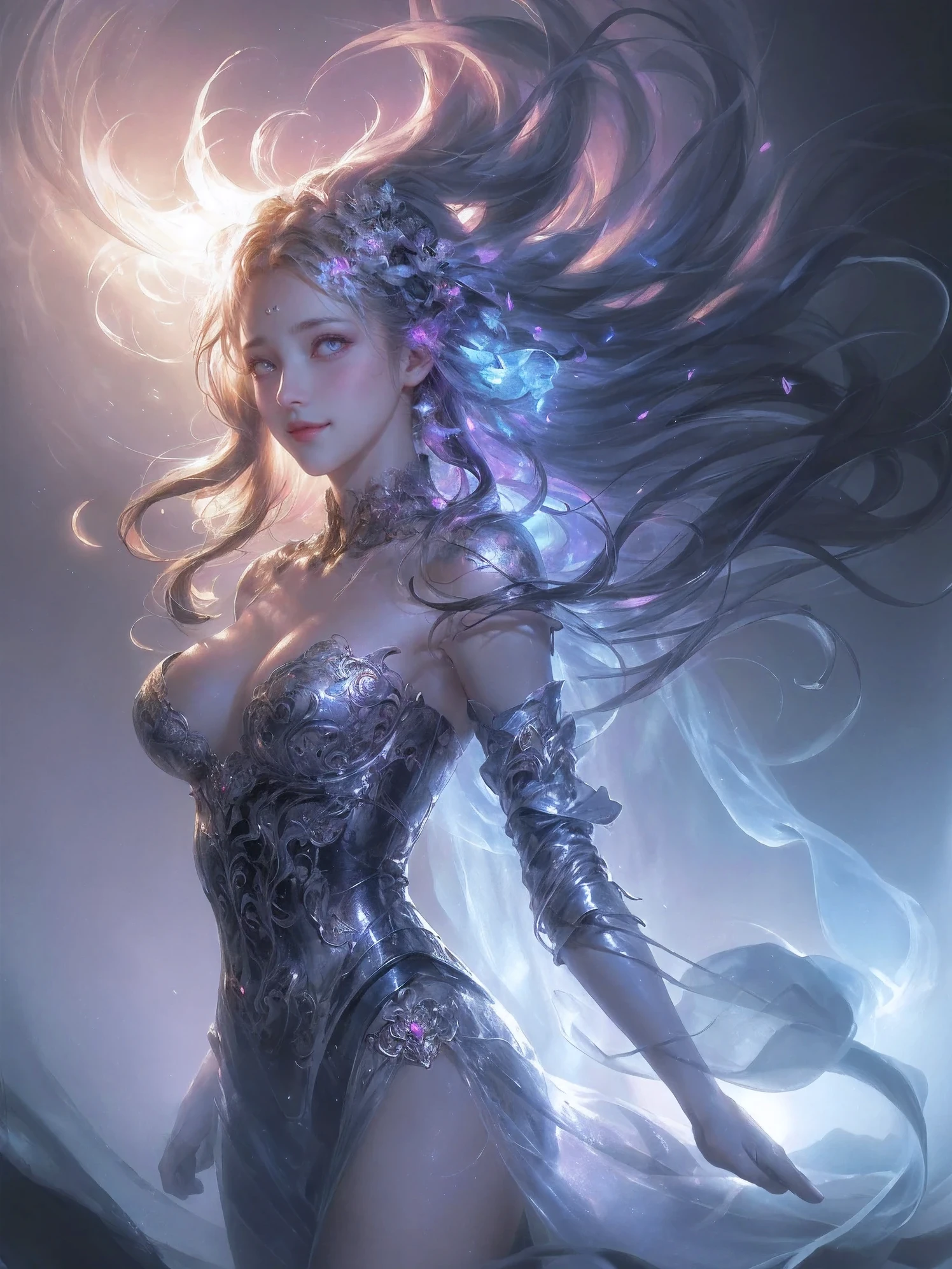 (best quality, high resolution, super detailed, actual, photo-actual), digital painting, bright colors, mysterious atmosphere, dark background, glowing eyes, charming expression, flowing hair, ethereal beauty, floating ghostly figure, intricate jewelry, Charming aura, dynamic poses,Fire magic,