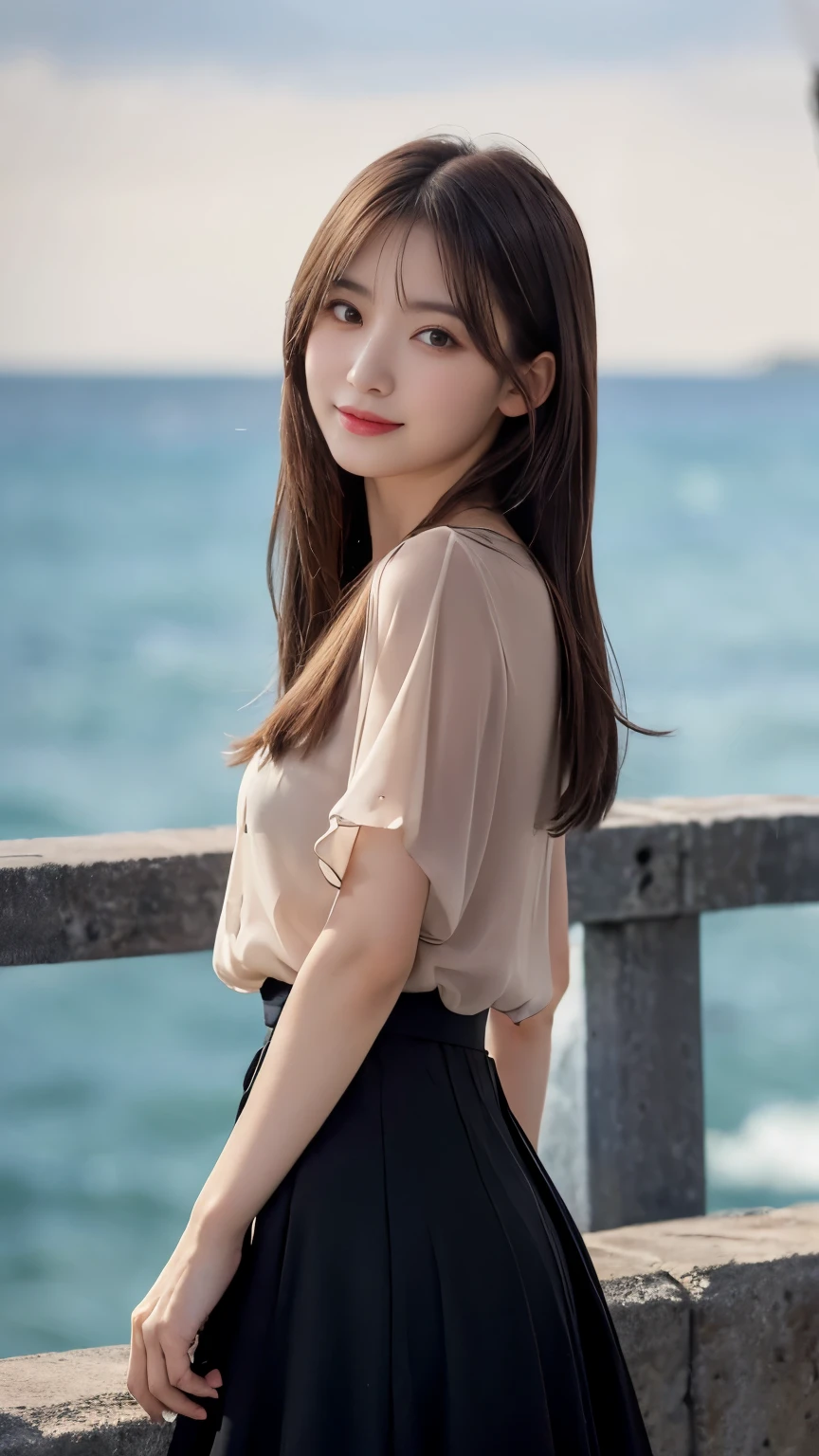[super high quality,Masterpiece,high resolution],((日本people,woman,１people,超美people,Smile slightly)),(Middle Hair,Dark brown hair color,Hair disheveled by strong winds,Hide your forehead with bangs),(seven-headed body,Narrow face,Model Body Type,Small Butt,Beautiful Eyes,Beautiful Skin,Dark brown eyes),A see-through short-sleeved shirt made of black chiffon material,Red long circular skirt,The hem of the skirt flutters in the wind,On top of the seawall with a view of the ocean and the beach,evening
