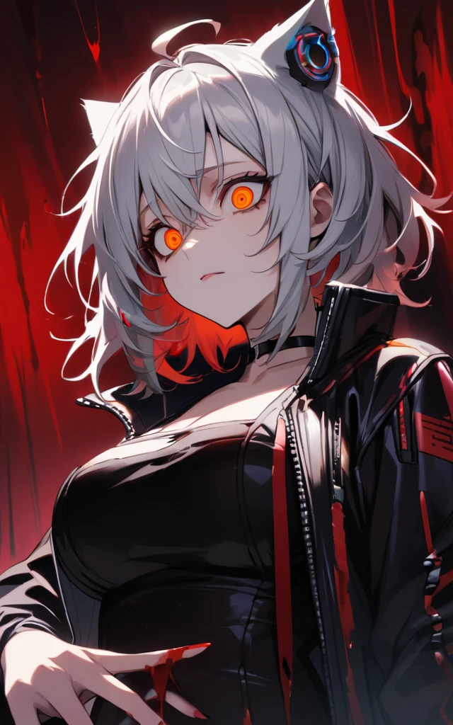(masterpiece)、(absurdres)、(ultra detailed),Crazy Eyes、despair、Dark Side、closed mouth,Blood droplets、darkness,Blood pool space、Blood dripping background:1.3、(独奏),(silver cat ear on a head:1.1),(lady:1.0),(silver hair),(shortcut hair:1.0),(Messy Hair:1.0)、(Ahoge:1.0)、Orange Eyes、Big Breasts:0.8、choker,sleepy eyes、Cyberpunk jacket、Licking red liquid from fingers:1.1、upper body shot,nail:0.9