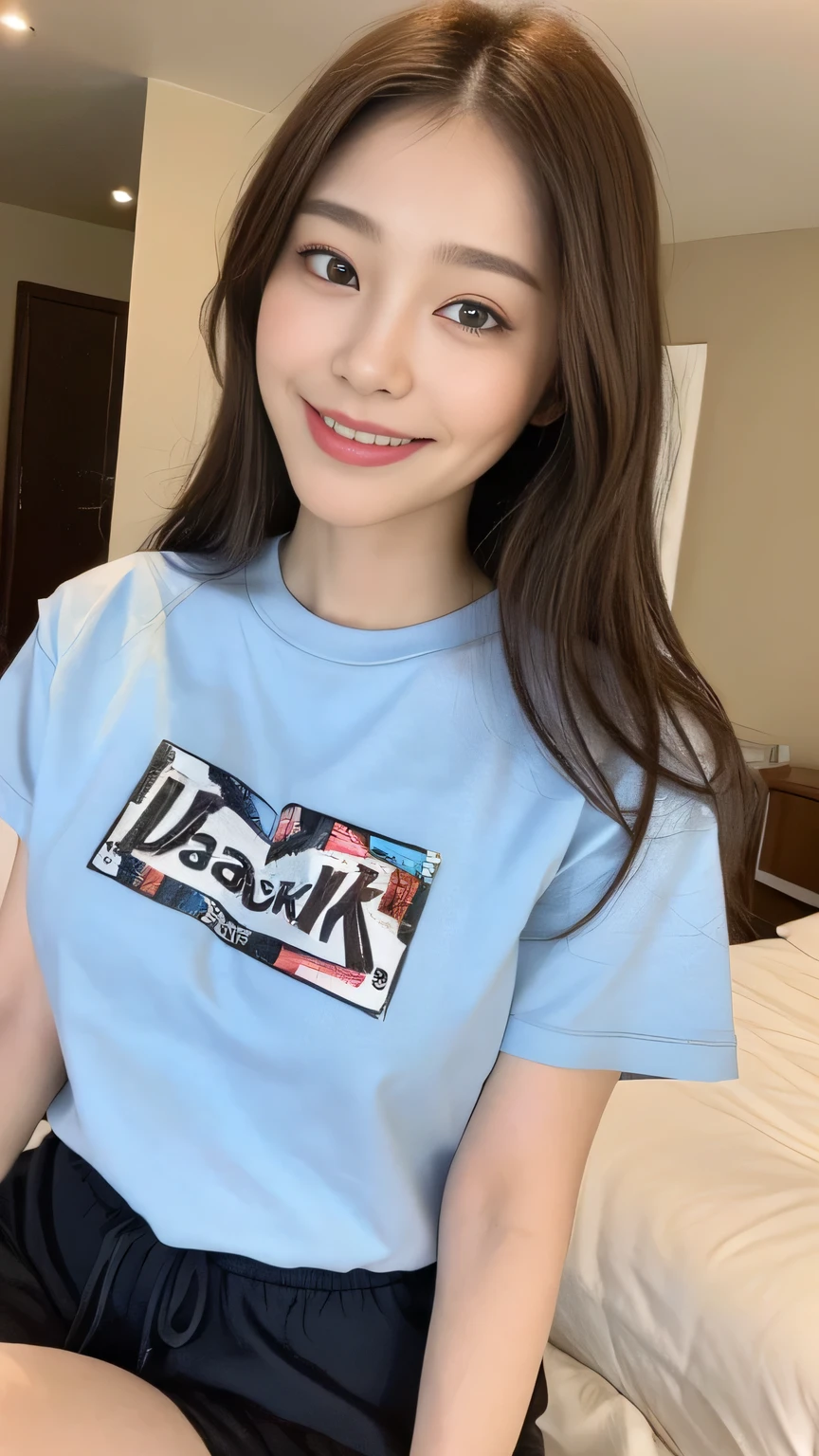 seed:2020674263.((Full body angle:1.1)).((Highest quality, 8K, masterpiece:1.3)), ((from below:1.1)).concentrated:1.2, Perfect body beauty:1.4, Hips:1.2, ((Delicate Hair)), (Colorful T-shirts、Shorts、pajamas :1.1) , ((Highest quality、8k、masterpiece:1.3))、1 Girl、A sloppy smile、Esbian all over、Slim face、Big Boobs、Beautiful woman、(Dark Brown Hair)、Long Hair、1.1、Flickering Valley、Detailed eyes、double eyelid、Blurred Background、超Slim face、Smile、Looking down、living、