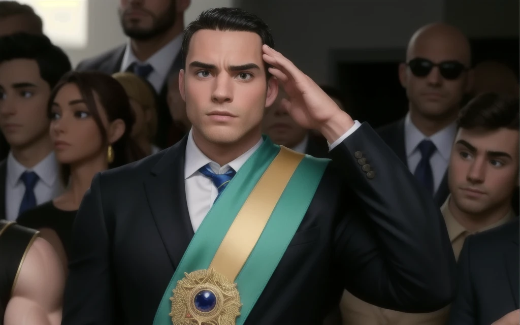 muscular man, black hair, bald in a suit with belt, doing pose sense.