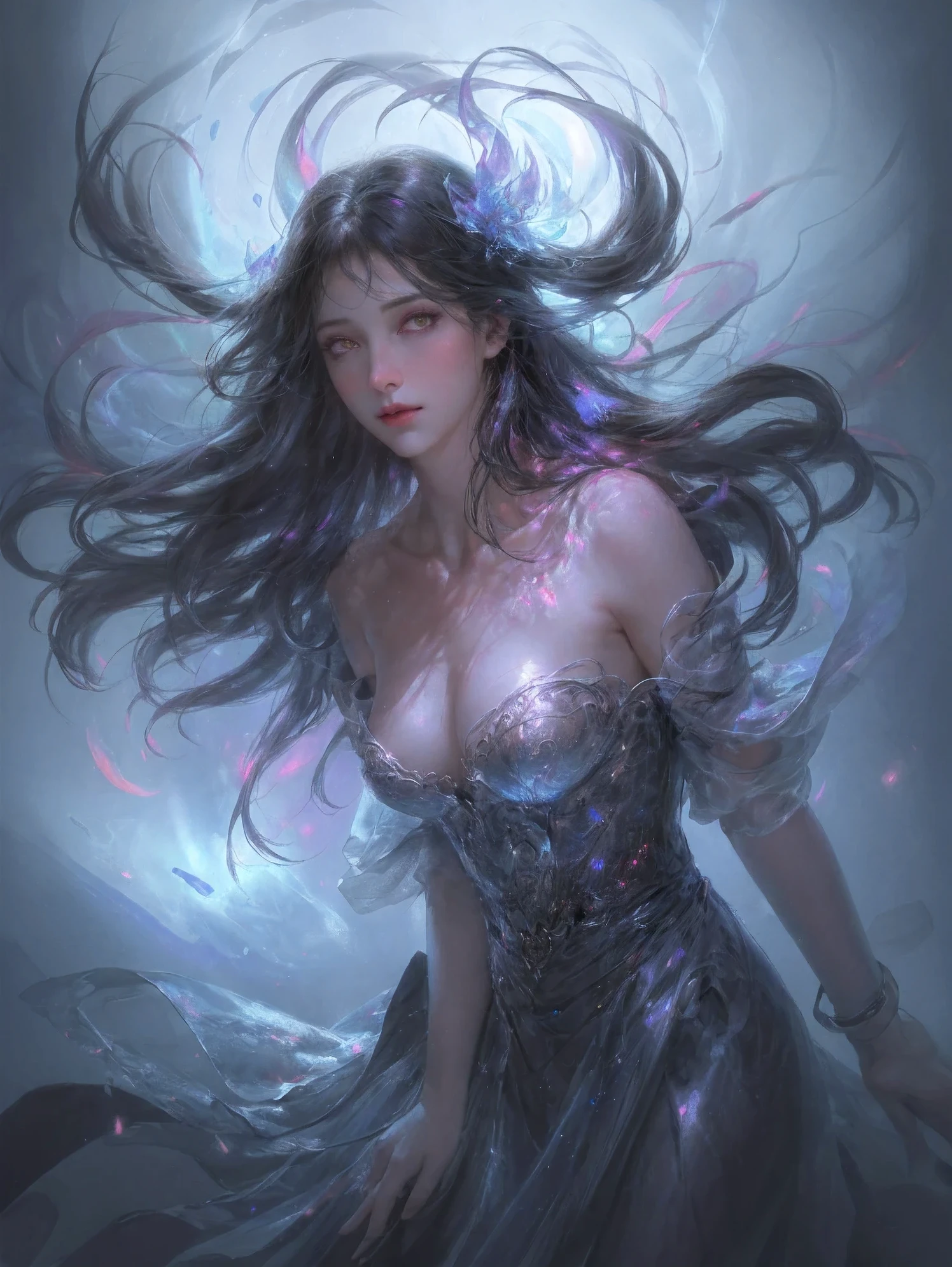 (best quality, high resolution, Super detailed, actual, photo-actual), digital painting, bright colors, mysterious atmosphere, dark background, glowing eyes, charming expression, flowing hair, ethereal beauty, floating ghostly figure, intricate jewelry, charming aura, dynamic poses,Fire magic,