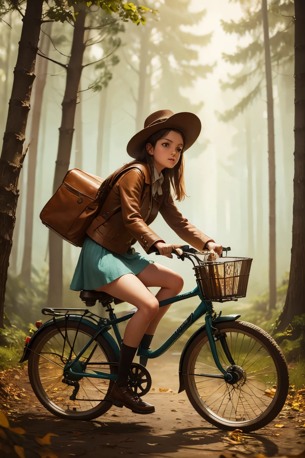 Neo Surrealism,  magical realism bizarre art, pop surrealism, whimsical art. Generate an illustration of a painting of a girl with hat riding an old fashioned bicycle on the magic forest