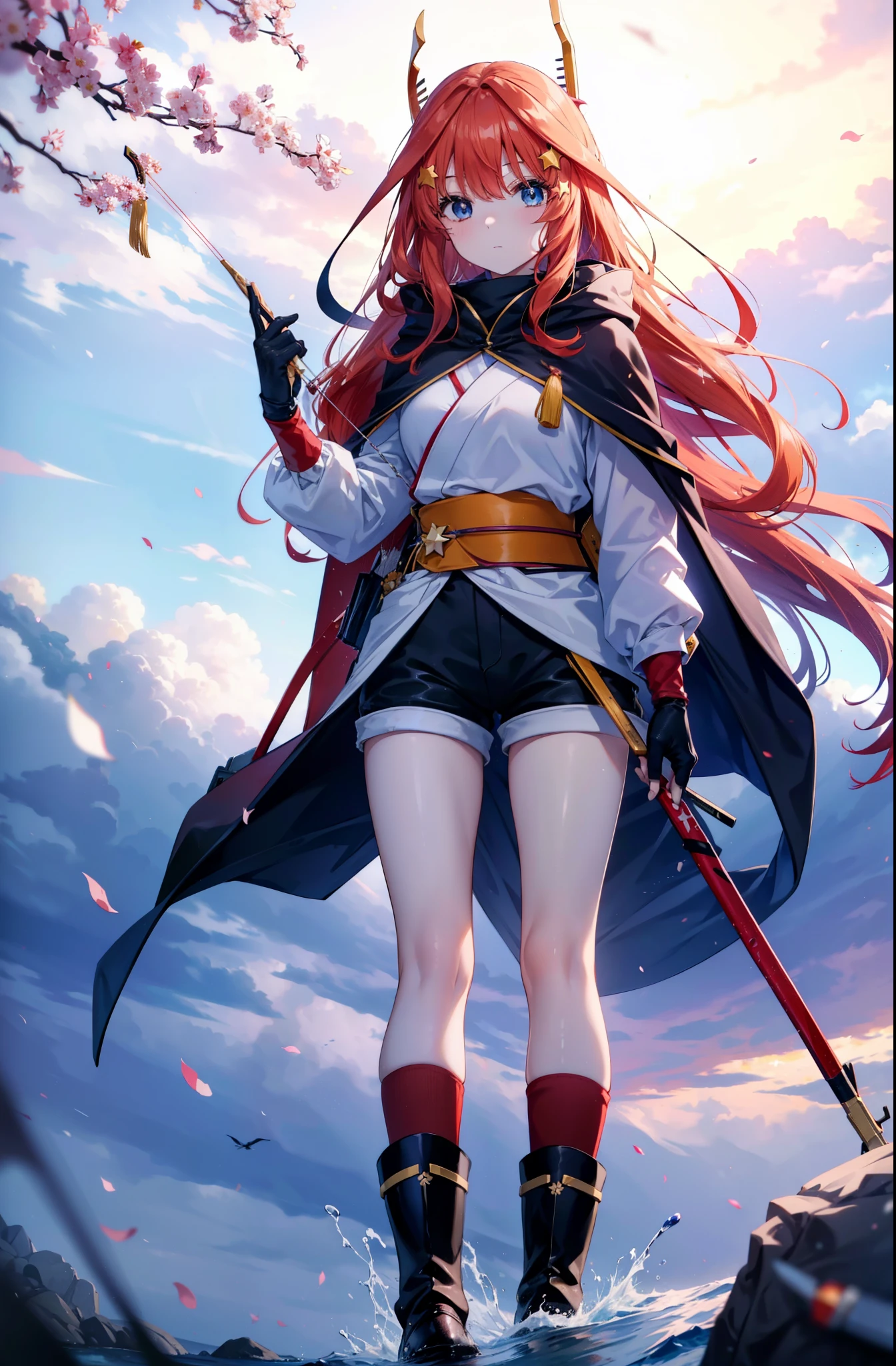 itsukinakano, itsuki nakano, bangs, blue eyes, Hair between the eyes, Redhead, star \(symbol\), hair ornaments, star hair ornaments,Wearing a hood,long hair,Carrying an archery bag,He has a quiver on one side, boots, Cape,gloves, red Knee socks, High heels, Shorts, Knee socks,whole bodyがイラストの中に入っていくように,歩いている
break outdoors, forest,forest林, break looking at viewer,whole body, 
break (masterpiece:1.2), Highest quality, High resolution, unity 8k wallpaper, (shape:0.8), (Fine and beautiful eyes:1.6), Highly detailed face, Perfect lighting, Highly detailed CG, (Perfect hands, Perfect Anatomy),