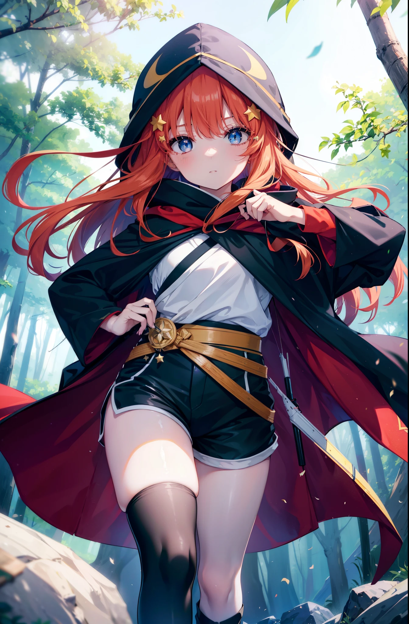 itsukinakano, itsuki nakano, bangs, blue eyes, Hair between the eyes, Redhead, star \(symbol\), hair ornaments, star hair ornaments,Wearing a hood,long hair,Carrying an archery bag,He has a quiver on one side, boots, Cape,gloves, red Knee socks, High heels, Shorts, Knee socks,whole bodyがイラストの中に入っていくように,歩いている
break outdoors, forest,forest林, break looking at viewer,whole body,
break (masterpiece:1.2), Highest quality, High resolution, unity 8k wallpaper, (shape:0.8), (Fine and beautiful eyes:1.6), Highly detailed face, Perfect lighting, Highly detailed CG, (Perfect hands, Perfect Anatomy),