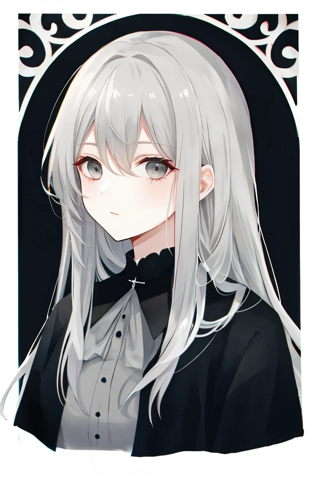 older woman with long grey hair and dark grey eyes