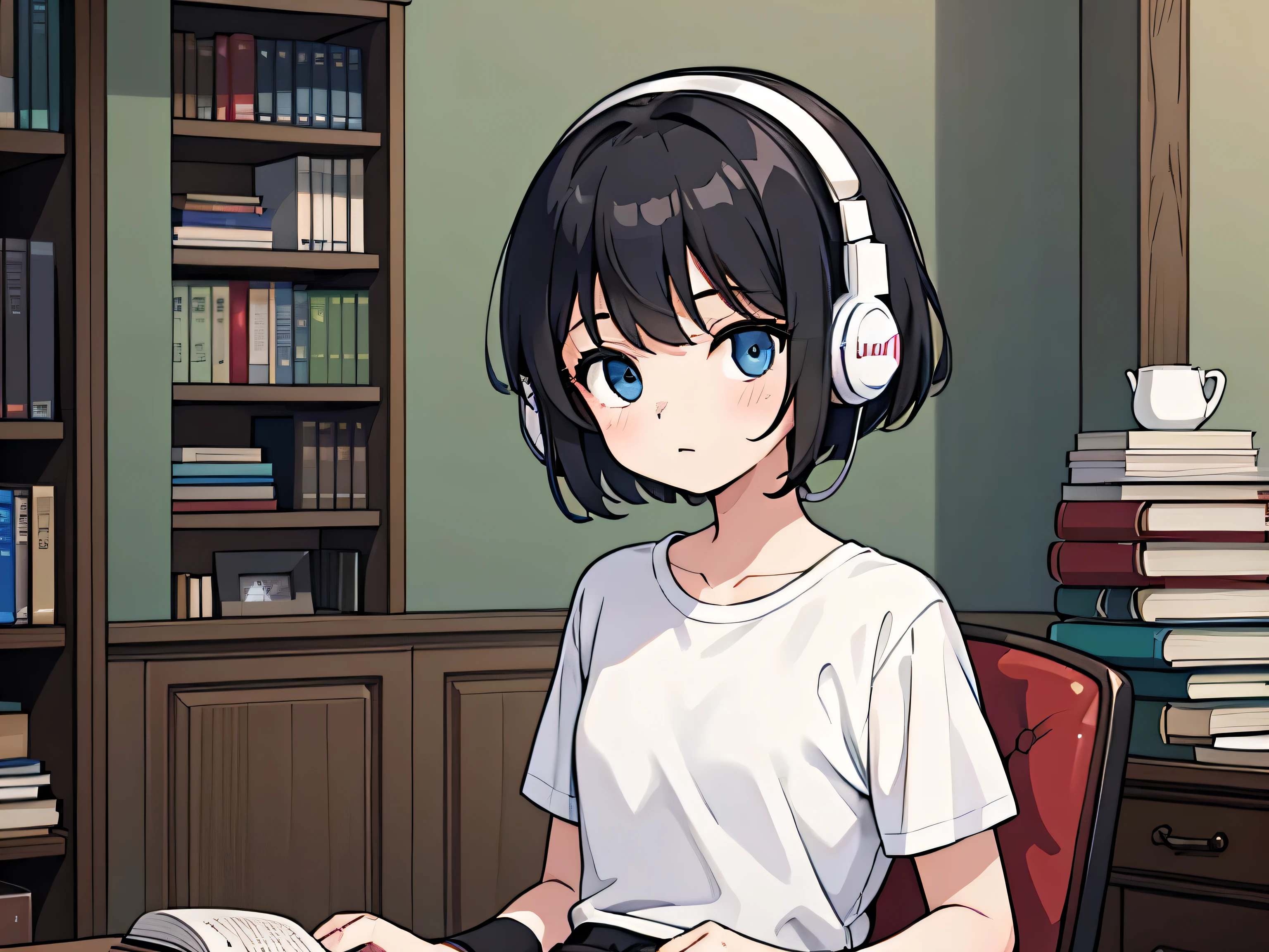1girl, solo, blue eyes, (detailed eyes), flat chest, short hair, black hair, ((white t-shirt)), simple t-shirt, black skirt, black socks, standing, upper body, ((masterpiece, illustration, best quality)) she is studying in her room with books and is wearing headphones while sitting down on her chair