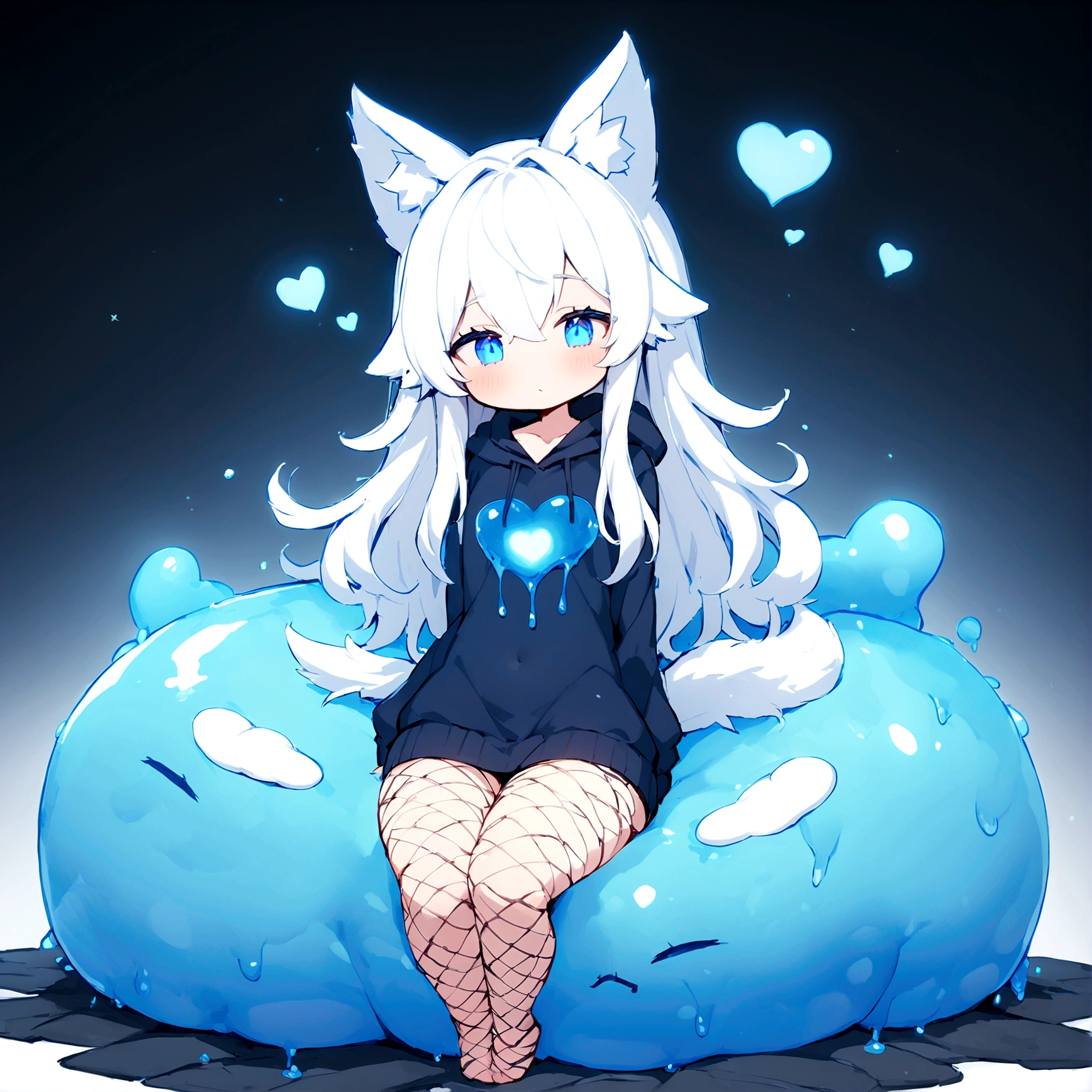 a cute adult male made of slime with wolf ears, long white hair, long locks, has a wolf tail, fishnet stockings, thick thighs, wide hips, short, very slim, showing slender tummy, heart on hoodie, squishy thighs, has glowing blue eyes. alone, solo (ALONE)(SOLO) made of slime, flesh made of slime, sitting on a pile of plushies