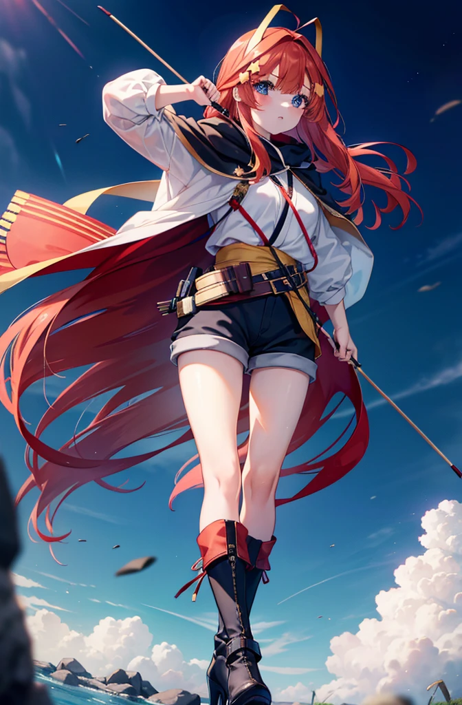 itsukinakano, itsuki nakano, bangs, blue eyes, Hair between the eyes, Redhead, star \(symbol\), hair ornaments, star hair ornaments,Wearing a hood,long hair,Carrying an archery bag,He has a quiver on one side, boots, Cape,gloves, red Knee socks, High heels, Shorts, Knee socks,whole bodyがイラストの中に入っていくように,歩いている
break outdoors, forest,forest林, break looking at viewer,whole body, 
break (masterpiece:1.2), Highest quality, High resolution, unity 8k wallpaper, (shape:0.8), (Fine and beautiful eyes:1.6), Highly detailed face, Perfect lighting, Highly detailed CG, (Perfect hands, Perfect Anatomy),