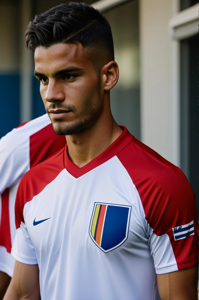 Soccer player showing the crest of his shirt with pride