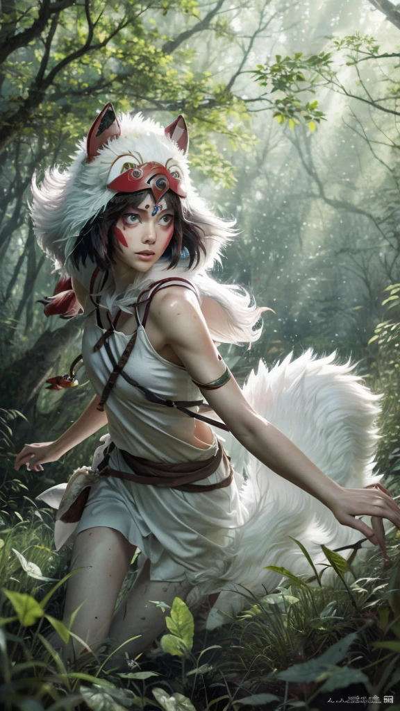 後ろ姿,Precision,detailed,dynamic,official art, unity 8k wallpaper, Super detailed, beautiful, beautiful, masterpiece, highest quality, Painting of a woman riding a white wolf in the forest, studio ghibly style mononoke, riding a giant silver wolf, artwork in the style of Gweiz, princess mononoke inspired, Gweiz, Gweiz on artstation pixiv, Gweiz on pixiv artstation, mononoke, furry fantasy art