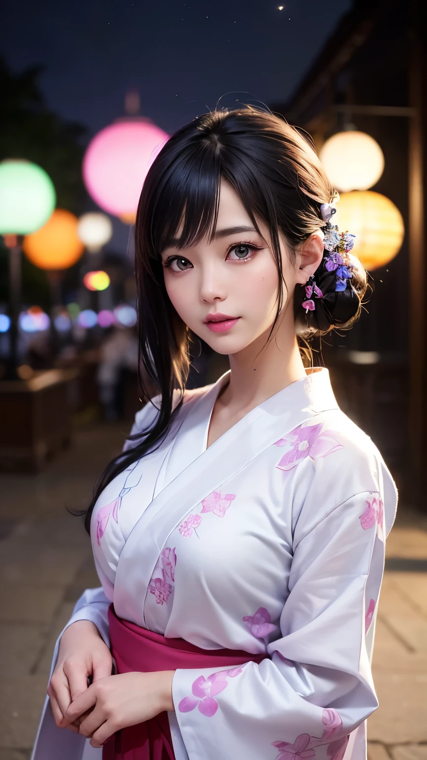(logo、masterpiece、8K、Tabletop、RAW Photos、wonderful、最high quality、フォトリアリスティックでVery detailedな CG 複合 8K 壁紙、high quality、Very detailed、Narrative poem、Particle Effects、Dynamic Effects、Depth of the Boundary、Cinematic Light、Lens flare、Ray Tracing)、 (One beautiful woman wearing a yukata、White yukata、Light purple pattern)、Black-haired、High definition skin、Very fine、Fine skin texture、Beautiful Face、True Face、Beautiful details in the eyes、Realistic eyes、Beautifully detailed eyes、Realistic Skin、Beautiful Skin、Surreal、Smiling Eyes、Hair and light eyes、vivid、Colorful lights and bokeh、plump lower lip、Pink Lips、Hair flutters in Wind、Hair bounces、wonderful景色、night、evening、Wind、moonlight、moonlight、light