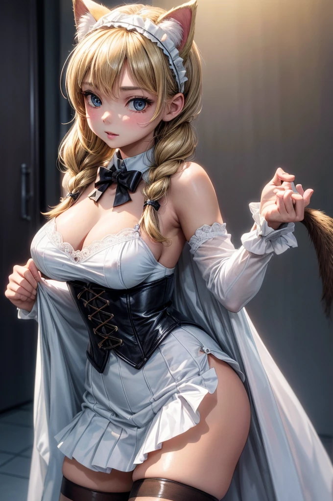 masterpiece, best quality, high_resolution, finely detailed, extremely detailed and beautiful, distinct_image, 1 girl, solo,beautiful young age girl, 13 yarly white skin, Blonde braided ponytail hair, adorable and cute facial features, golden-brown colored eyes, White French Maid Uniform, Black sheer stockings plump thick lips, tiny breasts, slender and slim toned body type, tall height(180cm), small narrow waist, wide curvy hips, plump large round ass, full body picture, cat-ears, cat tail