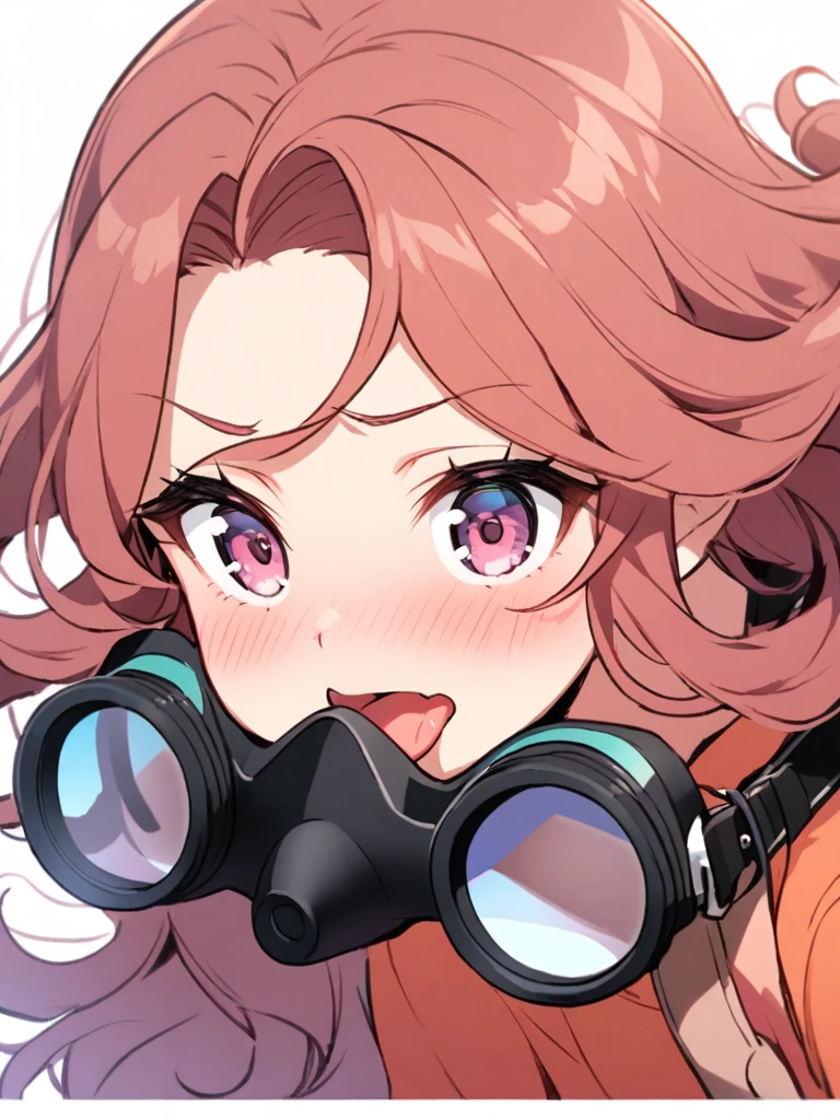 Licking scuba goggles, drool on goggles, long curly hair