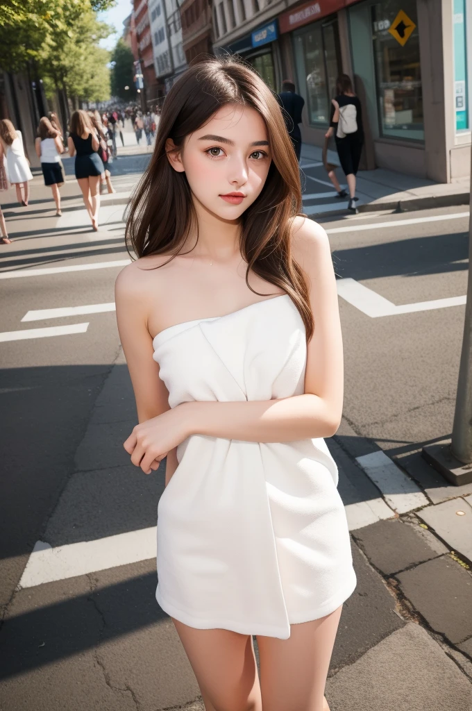 ((Realistic lighting, Best quality, 8K, Masterpiece: 1.3)), Focus: 1.2, 1girl, Perfect Figure: 1.4, Slim Abs: 1.1, ((Dark brown hair)), (White dress: 1.4), (Outdoor, Night: 1.1), City streets, Super fine face, Fine eyes, Double eyelids,
