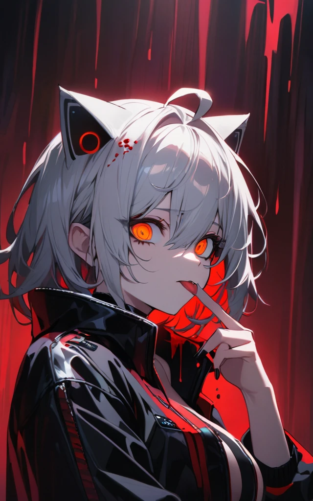 (masterpiece)、(absurdres)、(ultra detailed),Crazy Eyes、despair、Dark Side、closed mouth,Blood droplets、darkness,Blood pool space、Blood dripping background:1.3、(独奏),(silver cat ear on a head:1.1),(lady:1.0),(silver hair),(shortcut hair:1.0),(Messy Hair:1.0)、(Ahoge:1.0)、Orange Eyes、Big Breasts:0.8、choker,sleepy eyes、Cyberpunk jacket、Licking the red liquid off his fingers with his tongue:1.1、upper body shot,nail:0.9