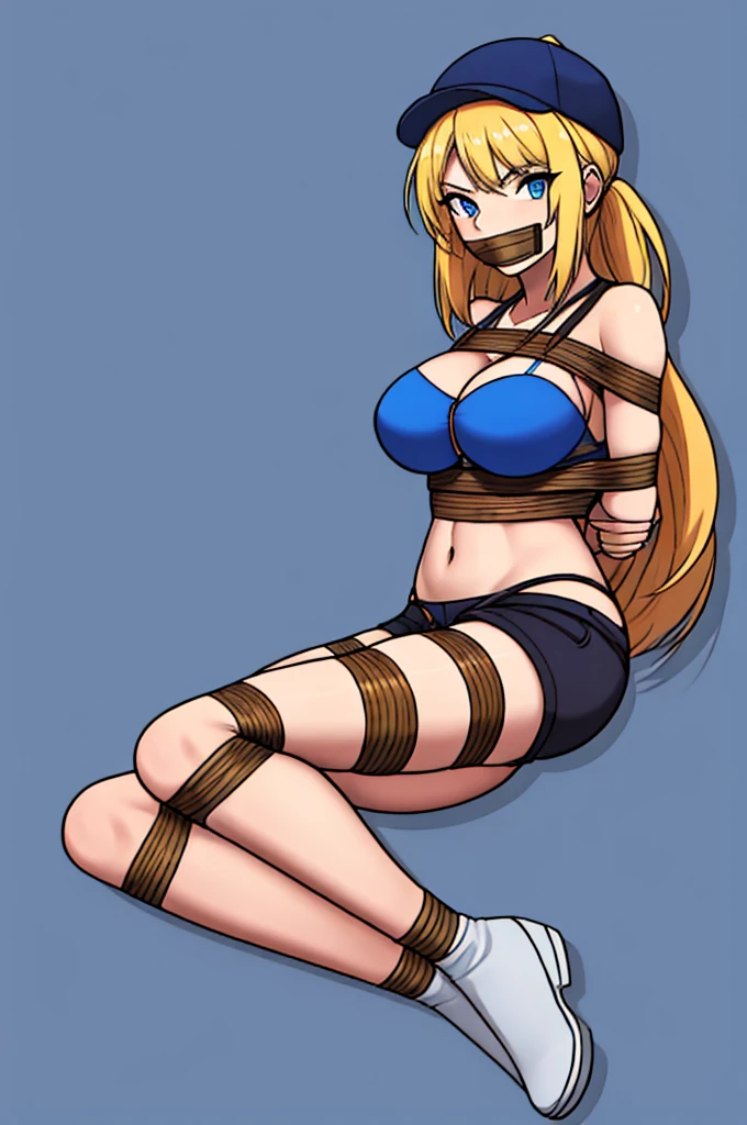 (absurdres, 8k, 4k, masterpiece, hyper extreme detailed:1.2), solo, 1girl, side view, perfect face, 1girl, portrait, looking at viewer, solo, standing, Female, toned body, mature female, large breasts, america, american, friendly, hero, heroic, kind, brave, , american flag, patriot, patriotic, blonde, messy hair, long hair, blue eyes, smile, jean shorts, ponytail, wide eyes, baseball cap, perfect anatomy, messy hair, hair covering forehead, swept bangs, 1girl, solo, Blue sky, red, white. blue, shorts, messy hair, perfect anatomy, blonde hair, wide smile, happy shorts, american bikini, america bikini messy hair, bound, bondage, (arms behind back:1.4), bdsm, tape gag, tape, tape bondage, restrained, taped thighs, taped legs, legs together, tape wrapped, wrap gag, shorts, t-shirt, messy hair, short, large bust, angry, large breasts, big breasts, forward view, shibari, bondage, bdsm, rope, half body,