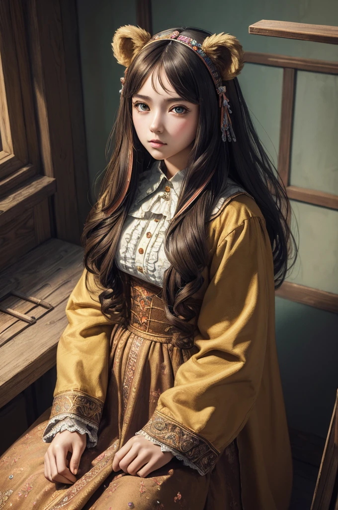 (masterpiece:1.4), (best quality:1.4), extremely detailed, intricate, hyper detailed, (PERFECT FACE), illustration,soft lighting, full_body, 1girl, lonely,  Ao hair, colorful, colorized, from_above ,bear_costume , prison 