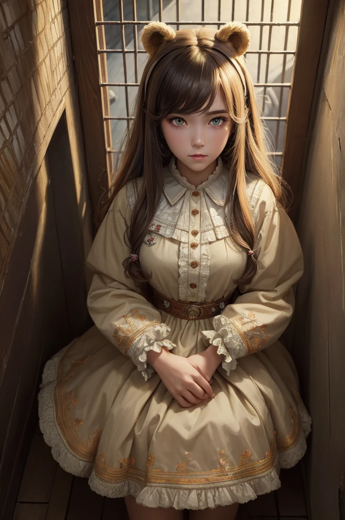 (masterpiece:1.4), (best quality:1.4), extremely detailed, intricate, hyper detailed, (PERFECT FACE), illustration,soft lighting, full_body, 1girl, lonely, Ao hair, colorful, colorized, from_above ,bear_costume , prison