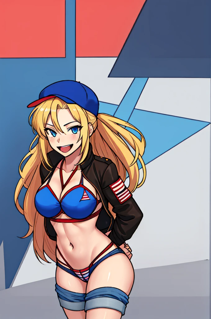 (absurdres, 8k, 4k, masterpiece, hyper extreme detailed:1.2), solo, 1girl, side view, perfect face, 1girl, portrait, looking at viewer, solo, standing, Female, toned body, mature female, large breasts, america, american, friendlly, hero, heroic, kind, brave, , american flag, patriot, patriotic, blonde, messy hair, long hair, blue eyes, smile, brown jacket, bomber jacket, jean shorts, ponytail, wide eyes, baseball cap, half body, perfect anatomy, hands on hips, messy hair, hair covering forehead, swept bangs, 1girl, solo, Blue sky, swept bangs, red, white. blue, america bikini, american bikini,