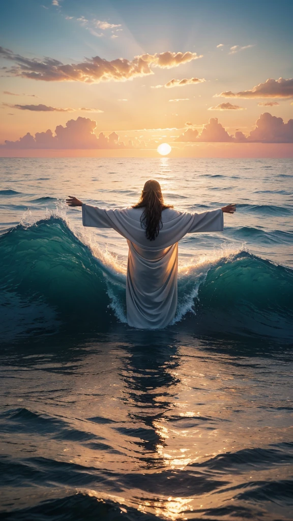 This image depicts a painting of Jesus Christ walking on water with his arms outstretched upwards worshiping heaven. The scene is peaceful, with clouds in the sky combining the colors sky blue and sunset orange and a sense of tranquility. The colors of the painting are mainly earth tones, with warm orange accents.view extreme wide shot, Nikon D850 camera with a Nikkor 70-200mm f/2.8E FL ED VR lens