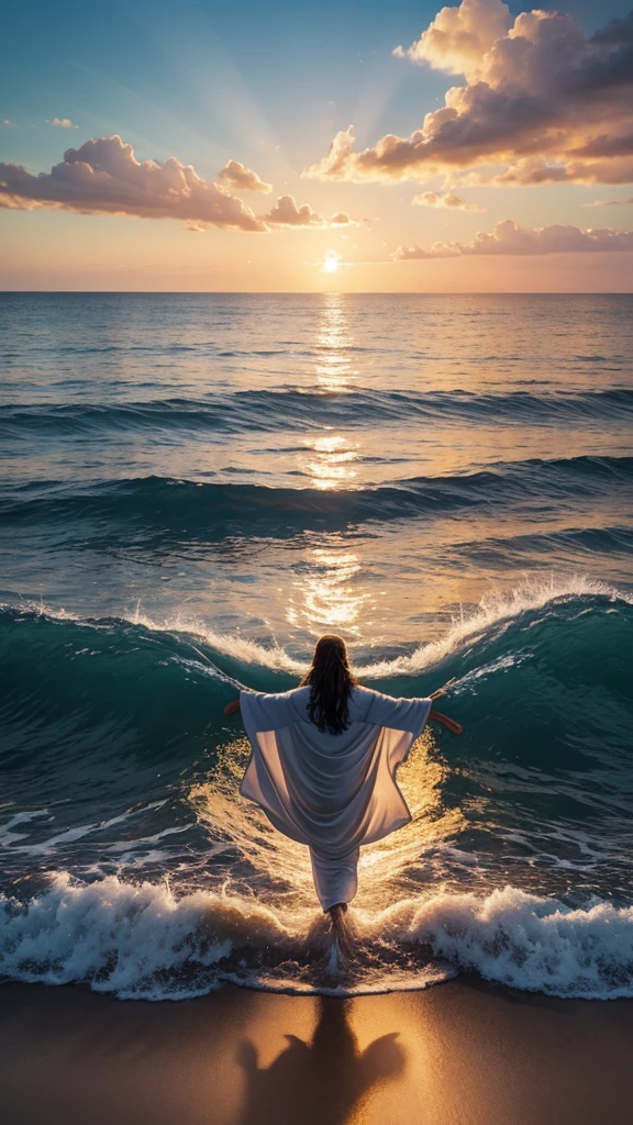 This image depicts a painting of Jesus Christ walking on water with his arms outstretched upwards worshiping heaven. The scene is peaceful, with clouds in the sky combining the colors sky blue and sunset orange and a sense of tranquility. The colors of the painting are mainly earth tones, with warm orange accents.view extreme wide shot, Nikon D850 camera with a Nikkor 70-200mm f/2.8E FL ED VR lens