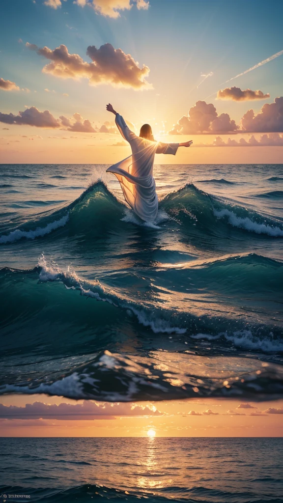 This image depicts a painting of Jesus Christ walking on water with his arms outstretched upwards worshiping heaven. The scene is peaceful, with clouds in the sky combining the colors sky blue and sunset orange and a sense of tranquility. The colors of the painting are mainly earth tones, with warm orange accents.view extreme wide shot, Nikon D850 camera with a Nikkor 70-200mm f/2.8E FL ED VR lens
