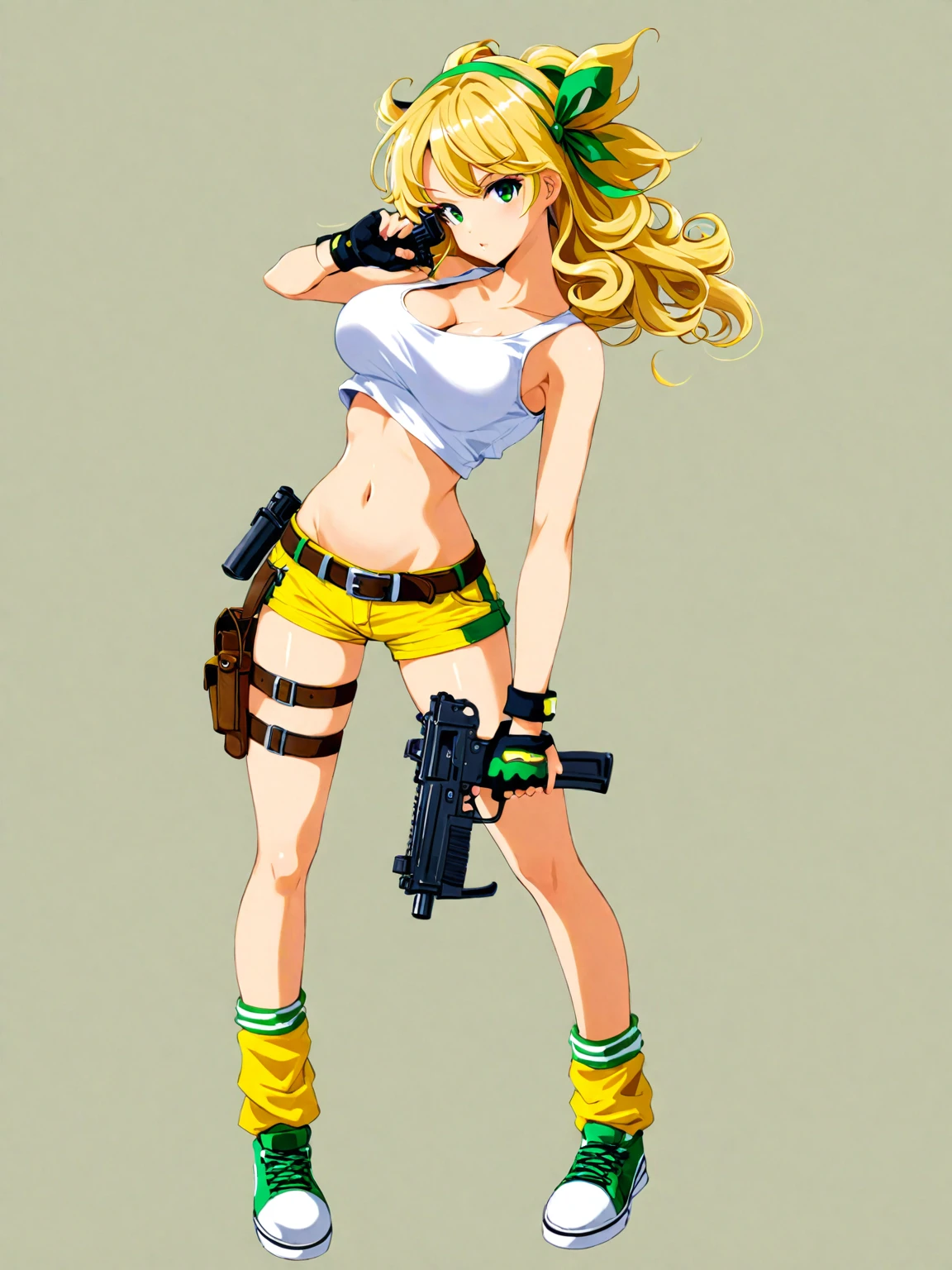 1girl, solo, weapon, blonde hair, shorts, gloves, gun, breasts, long hair, midriff, crop top, fingerless gloves, navel, shoes, full body, green eyes, curly hair, cleavage, short shorts, hairband, submachine gun, yellow shorts, socks, holding weapon, holding, holster, simple background, tank top, sneakers, standing, belt, handgun, holding gun, white background, thigh holster, hair ribbon, collarbone, large breasts, bow, loose socks, medium breasts, ribbon, looking at viewer