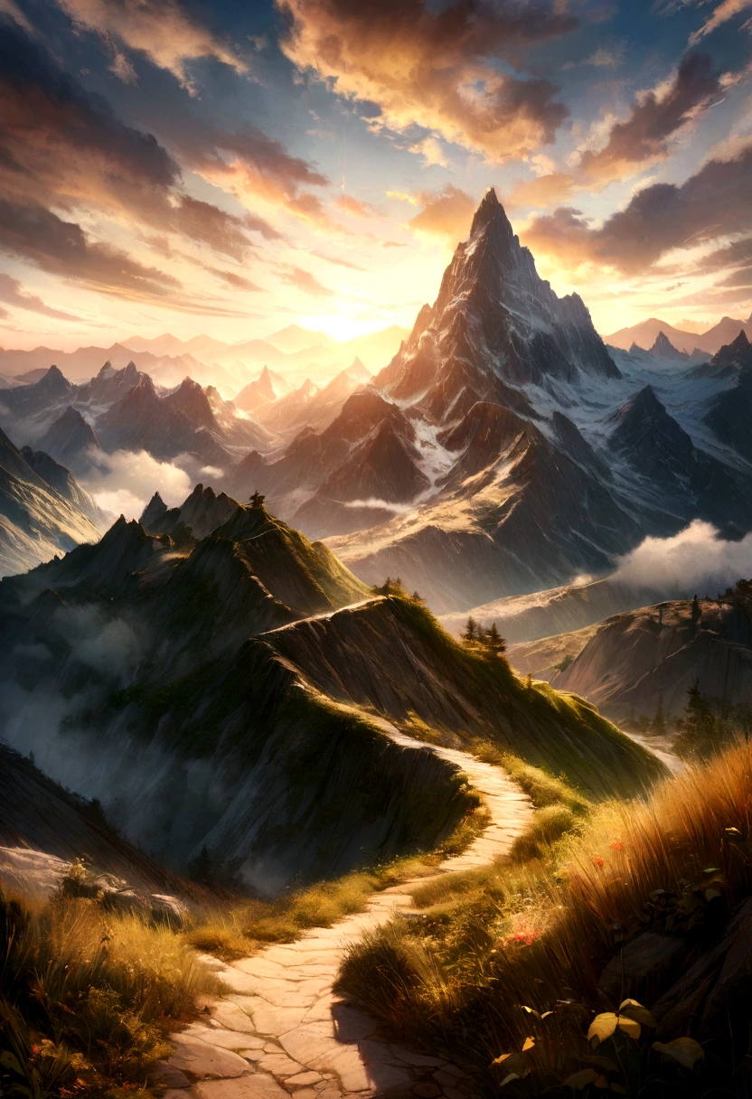 a clean and smooth sandy path between mountains, detailed landscape, 8k, realistic, photorealistic, HDR, studio lighting, dynamic lighting, dramatic lighting, warm color tones, golden hour lighting, lush green vegetation, towering snow-capped peaks, wispy clouds in the sky, serene and tranquil atmosphere, highly detailed, intricate textures, cinematic composition, breathtaking vista, awe-inspiring scale