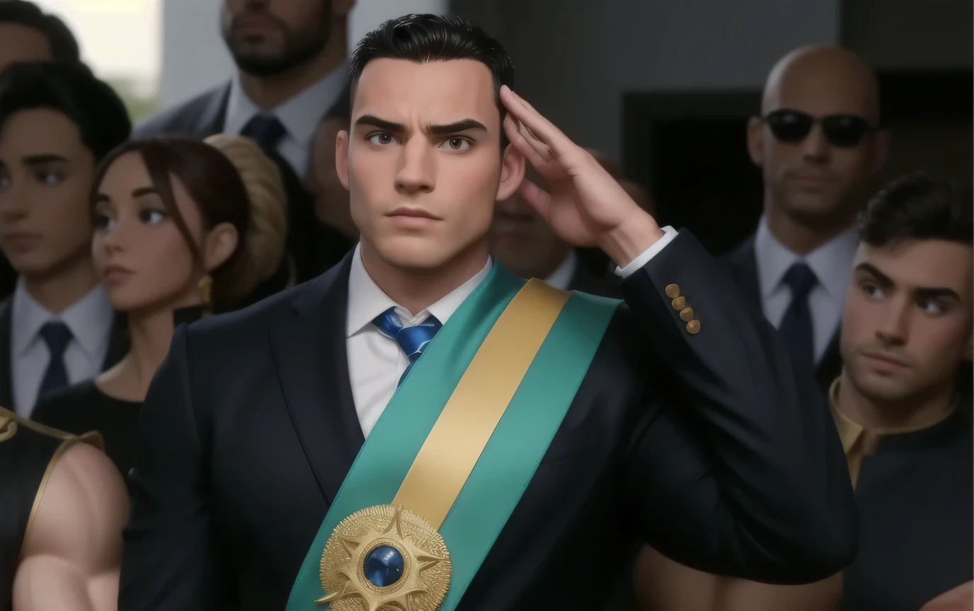 muscular man, black hair, bald in a suit with belt, doing pose sense.