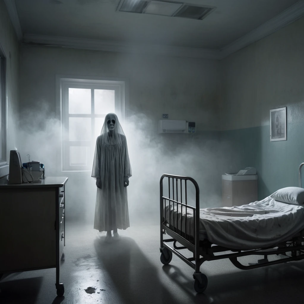 Image of a ghostly woman, pale-looking, empty-eyed and 3 meters tall, malnourished, walking towards a hospital bed where there is a boy lying in bed scared looking at the whole scene. with mists on the ground making the atmosphere more tense and frightening.

