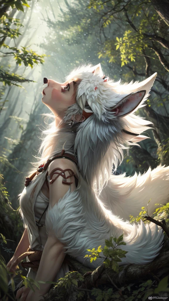 Two White Wolves,Back view,Precision,detailed,dynamic,official art, unity 8k wallpaper, Super detailed, beautiful, beautiful, masterpiece, highest quality, Painting of a woman riding a white wolf in the forest, studio ghibly style mononoke, riding a giant silver wolf, artwork in the style of Gweiz, princess mononoke inspired, Gweiz, Gweiz on artstation pixiv, Gweiz on pixiv artstation, mononoke, furry fantasy art