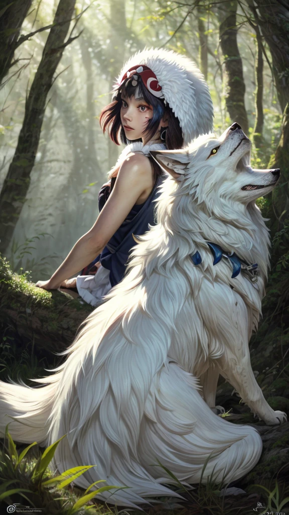 Two White Wolves,Back view,Precision,detailed,dynamic,official art, unity 8k wallpaper, Super detailed, beautiful, beautiful, masterpiece, highest quality, Painting of a woman riding a white wolf in the forest, studio ghibly style mononoke, riding a giant silver wolf, artwork in the style of Gweiz, princess mononoke inspired, Gweiz, Gweiz on artstation pixiv, Gweiz on pixiv artstation, mononoke, furry fantasy art